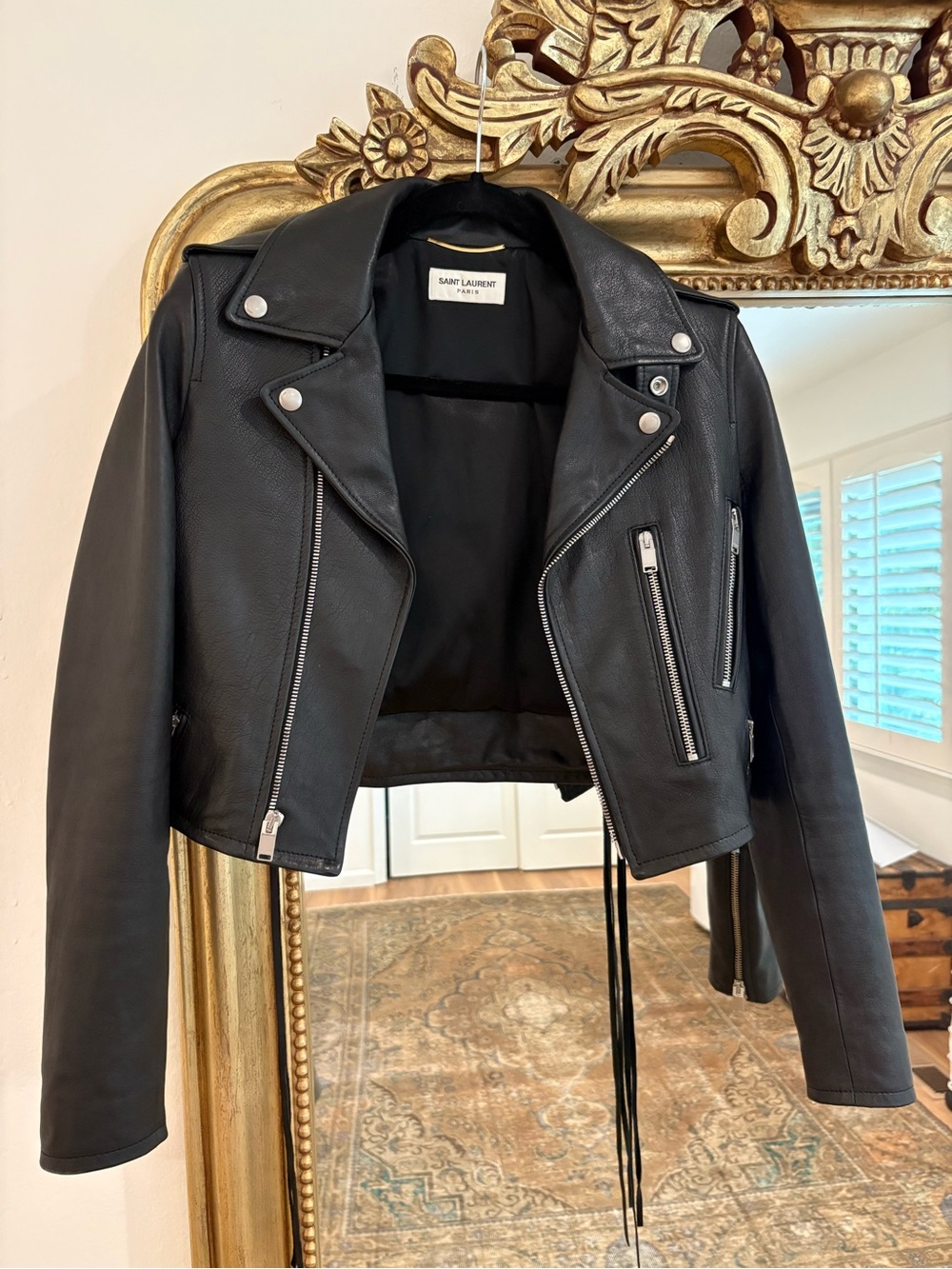 Saint Laurent Black Leather Cropped Moto Jacket